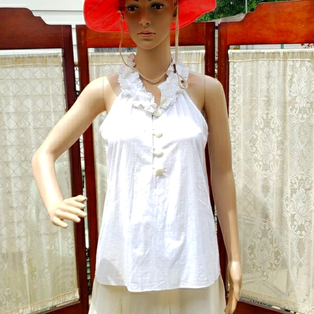 Cotton Racerback Ruffle White Shirt Size Small - Picture 3 of 6